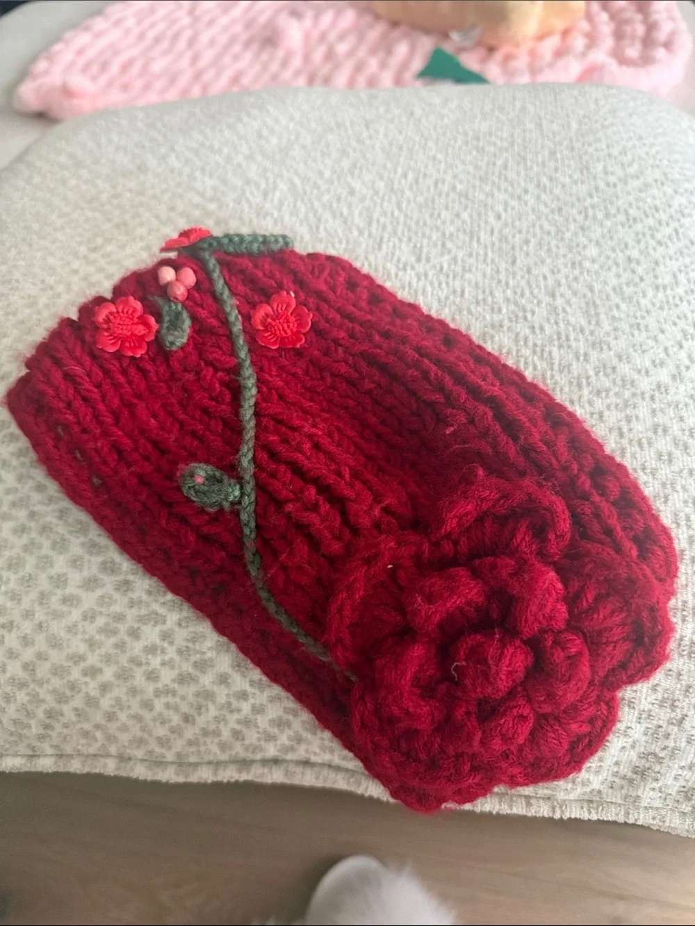 Hand-Knit Red Floral Beanie - Women Accessories